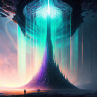 Fantastical landscape with towering structure and radiant light beams under cosmic sky