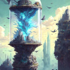 Fantastical cityscape with towering structures and swirling blue vortex
