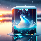 Whale leaping in cube on snowy lakeside at sunset