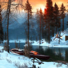 Serene snowy lakeside at twilight with glowing cottage window, docked canoes, and misty