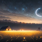 Starry night landscape with glowing flowers and misty house