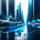 Futuristic cityscape with sleek buildings and vehicles in blue tones
