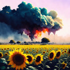 Sunflowers Field Contrasted with Multicolored Smoke Plume
