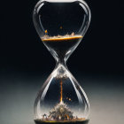 Hourglass with forest ecosystem and flying birds symbolizing passage of time and nature's serenity.