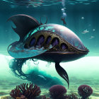 Vibrant underwater scene with fish-shaped submarine, marine life, and diver
