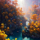 Sunlit forest with orange foliage and tranquil river scene.