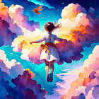 Floating girl surrounded by vibrant clouds and red bird in blue sky