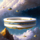 Ring-shaped futuristic floating city in starry sky above rocky peaks