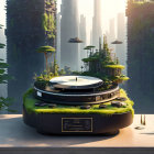 Grassy Turntable Surrounded by Futuristic Cityscape