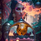 Mystical woman with ornate headdress and striking makeup near crystal ball and violet flames