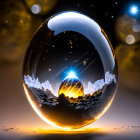 Crystal ball reflecting starry sky, mountains, and bright light on dark bokeh background