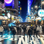 Futuristic city night scene with crowds, neon signs, urban architecture, flying vehicles