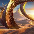 Golden futuristic spiral structure in desert with levitating person