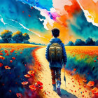Person walking through vibrant, surreal landscape with colorful sky and red poppies