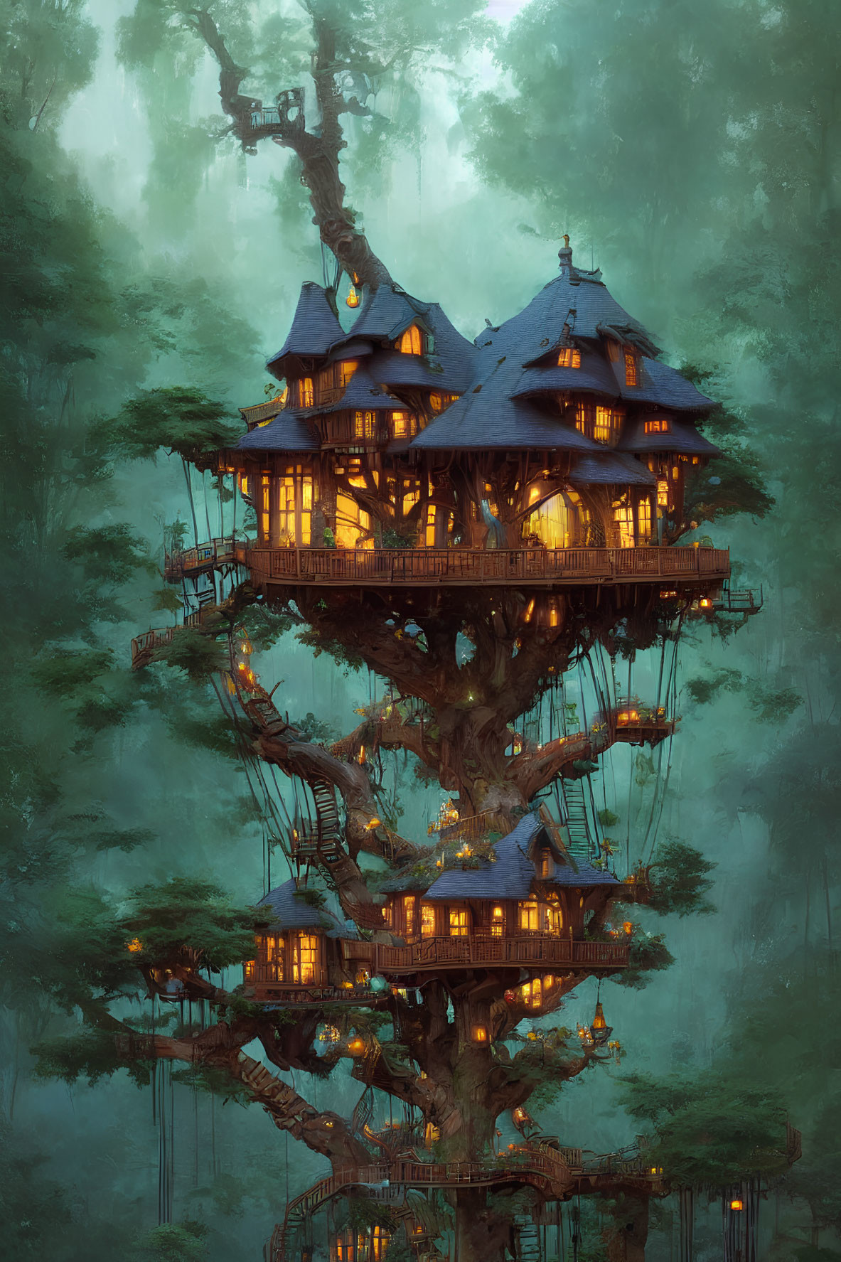 Multi-level glowing window treehouse in lush foggy forest