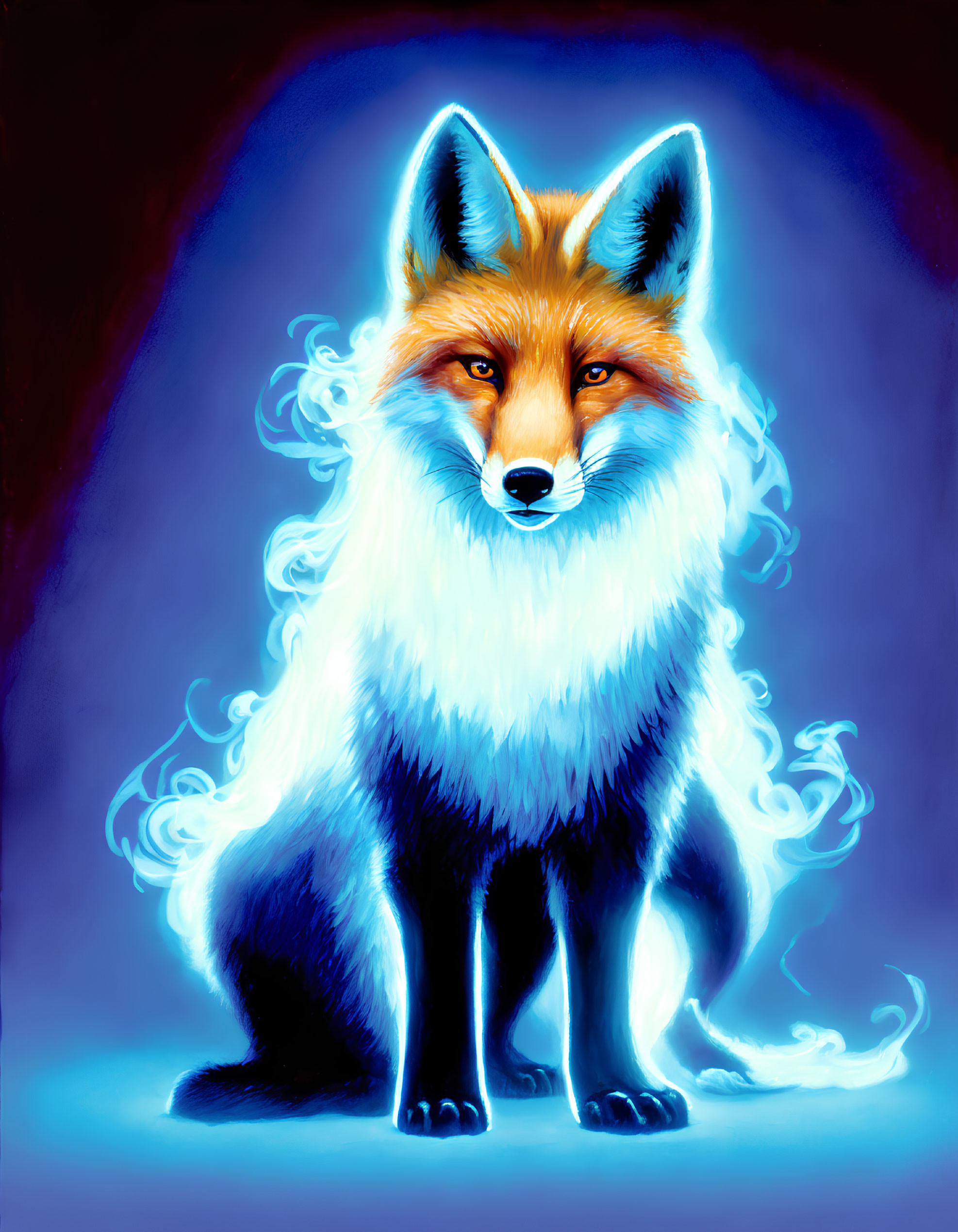 Illustration: Fox engulfed in blue flames on dark background