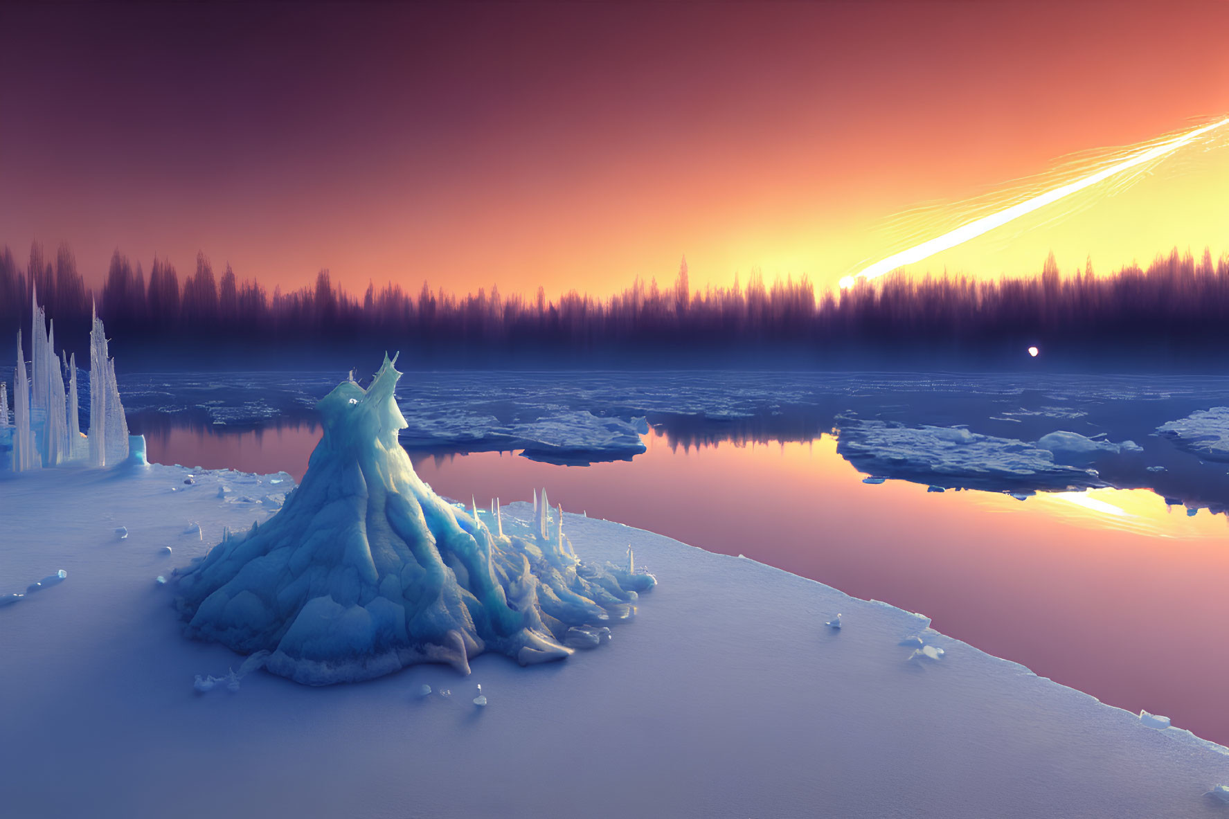 Winter landscape at dusk: frozen lake, ice formations, vibrant orange sky, descending comet