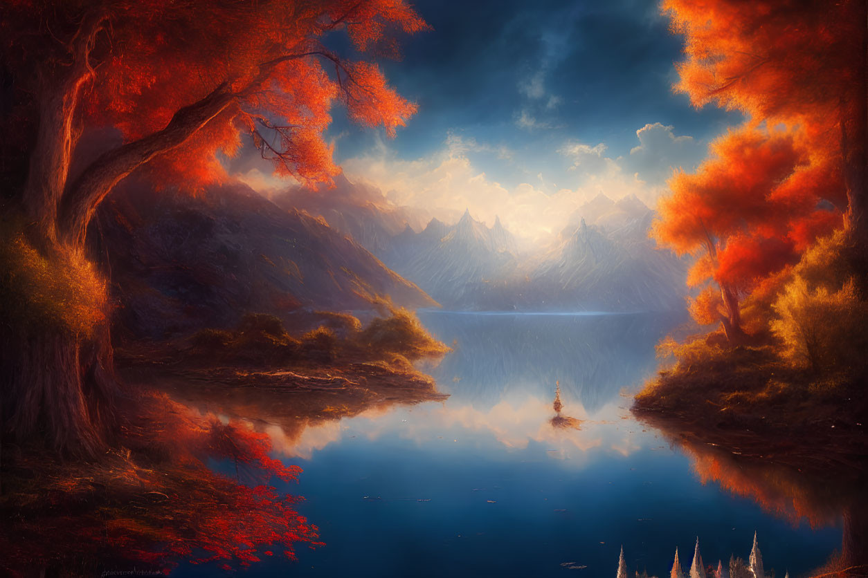 Vibrant autumn landscape with orange trees, serene lake, and mountain reflections