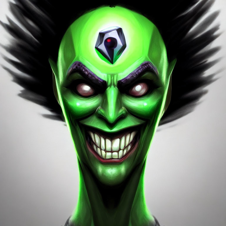 Sinister green-skinned character with spiky hair and forehead gem