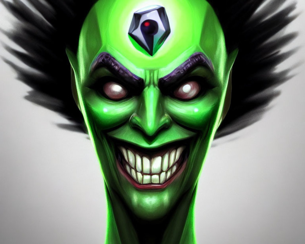 Sinister green-skinned character with spiky hair and forehead gem