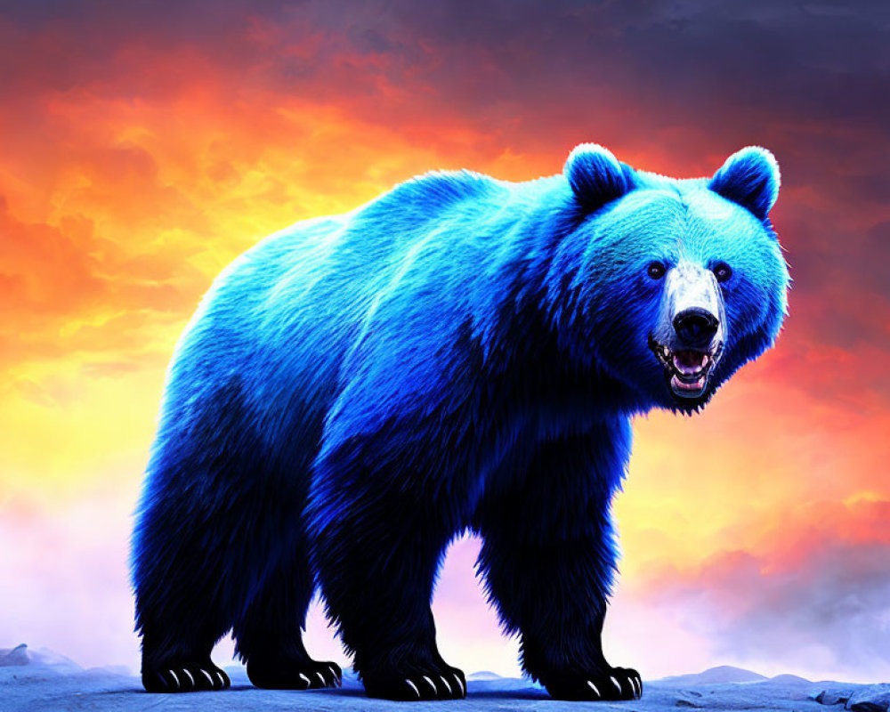 Digitally altered image of blue bear on rocky terrain under vibrant sky
