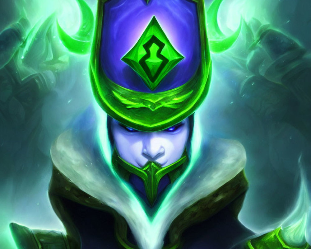 Character with Green Glowing Eyes in Magical Hat on Misty Background