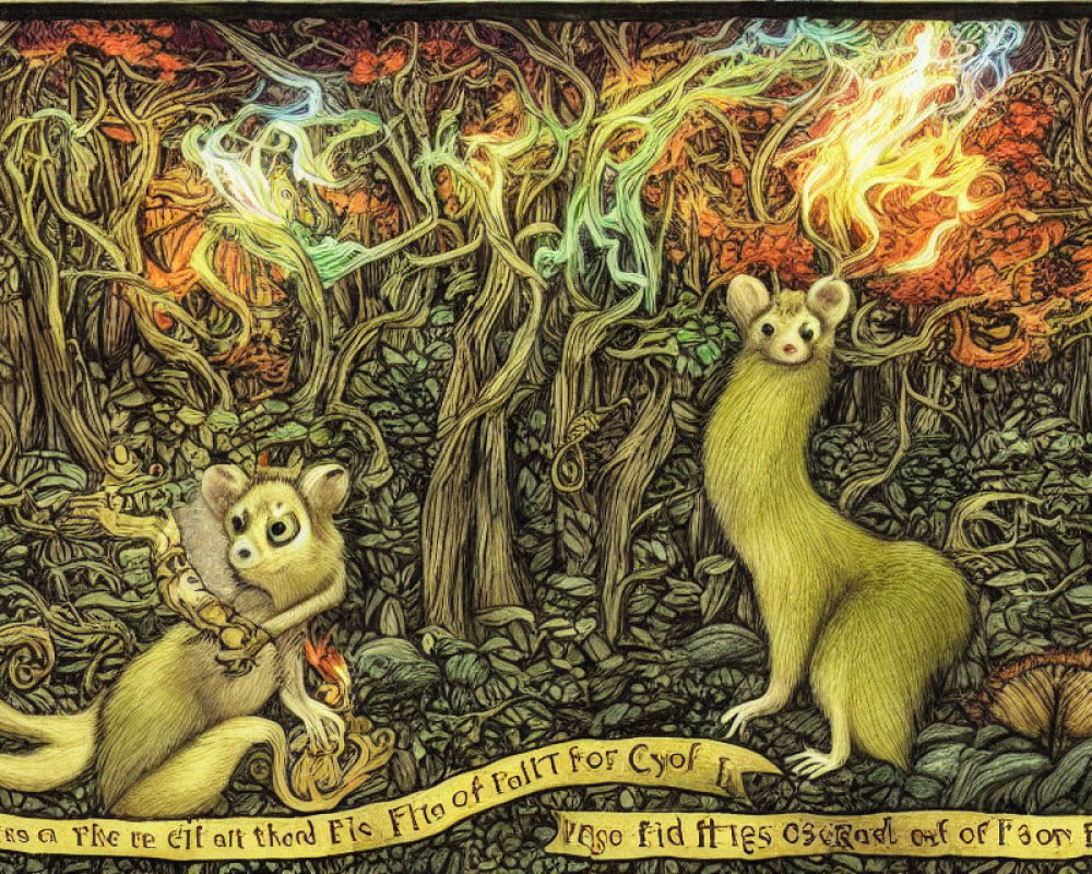 Detailed illustration of lemurs in vibrant forest with flame