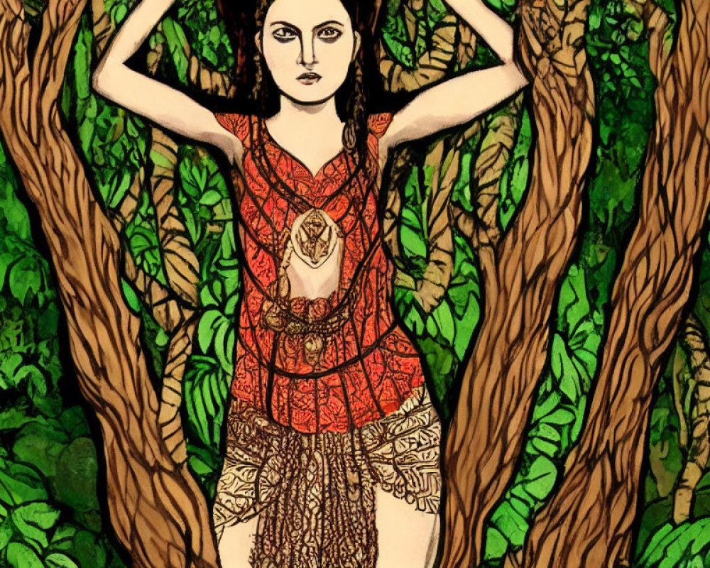 Illustration of woman blending into tree-like background in red dress among green foliage