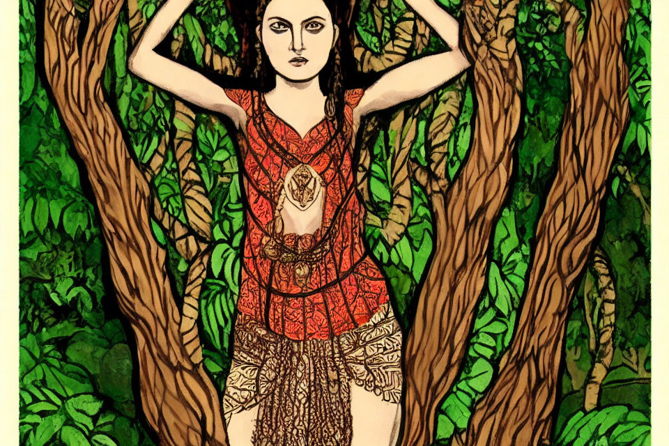 Illustration of woman blending into tree-like background in red dress among green foliage