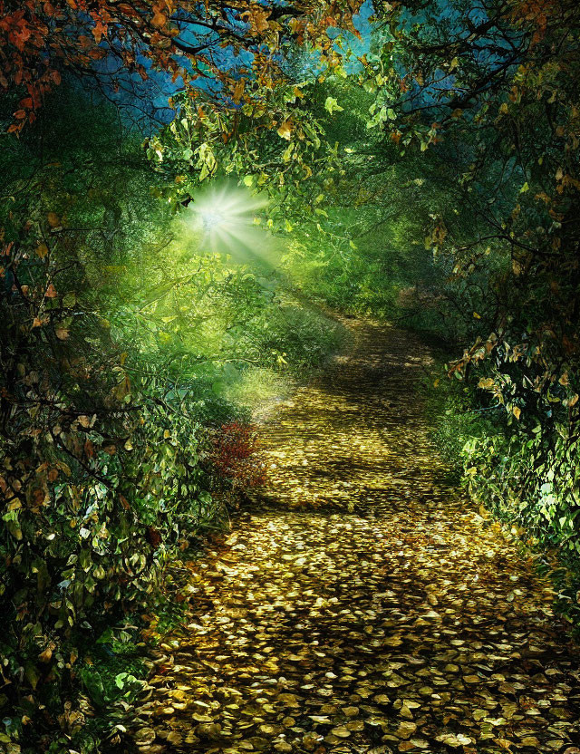 Sunlit Path Through Dense Forest with Green and Golden Leaves