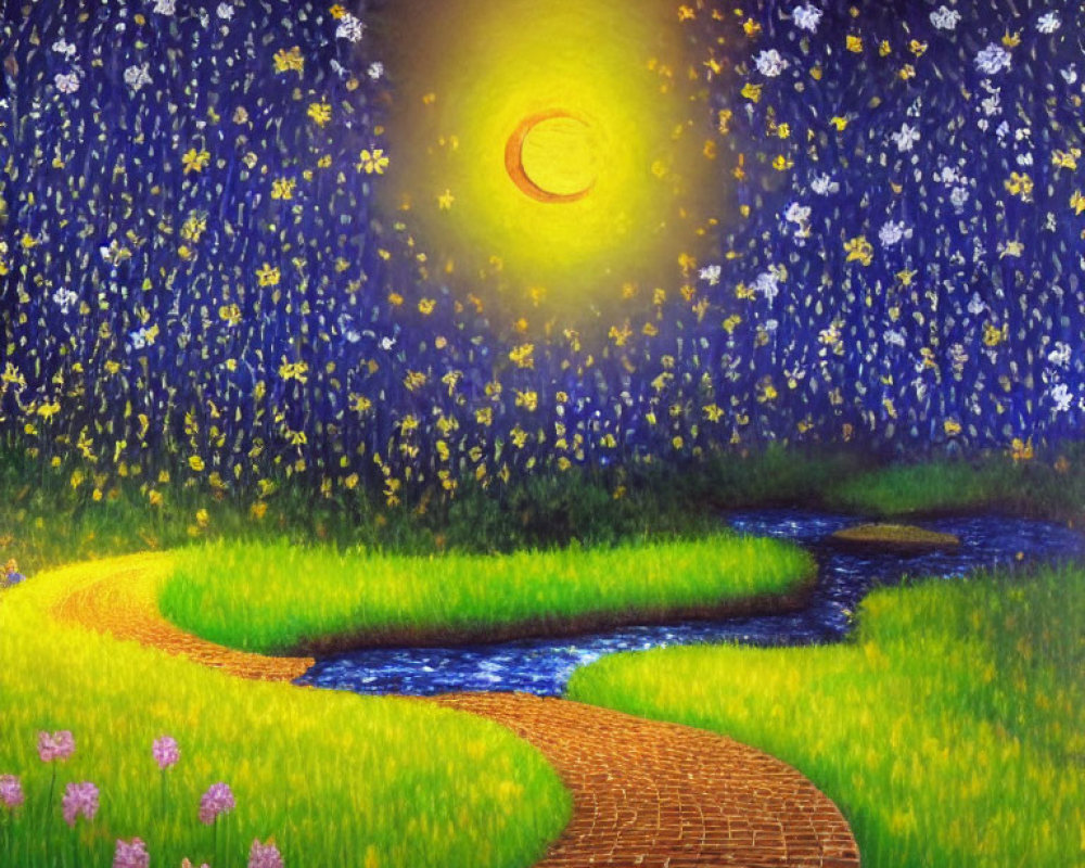 Night Scene Painting: Yellow Moon, River, Cobblestone Path, Purple & White Flowers