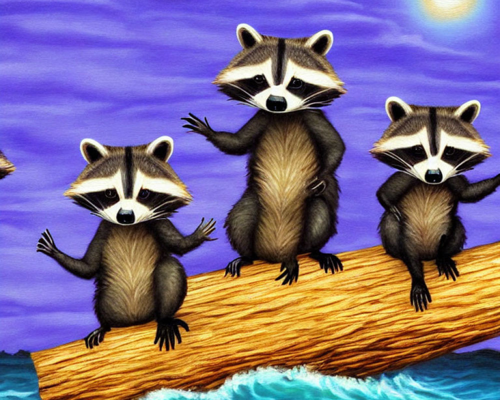 Three cartoon raccoons on log with purple sky and yellow sun
