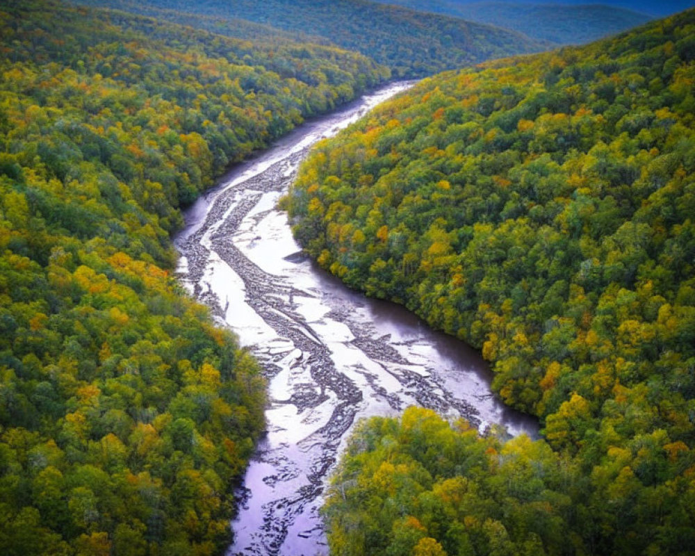 Aerial View of Winding River in Autumn Forest at Sunset