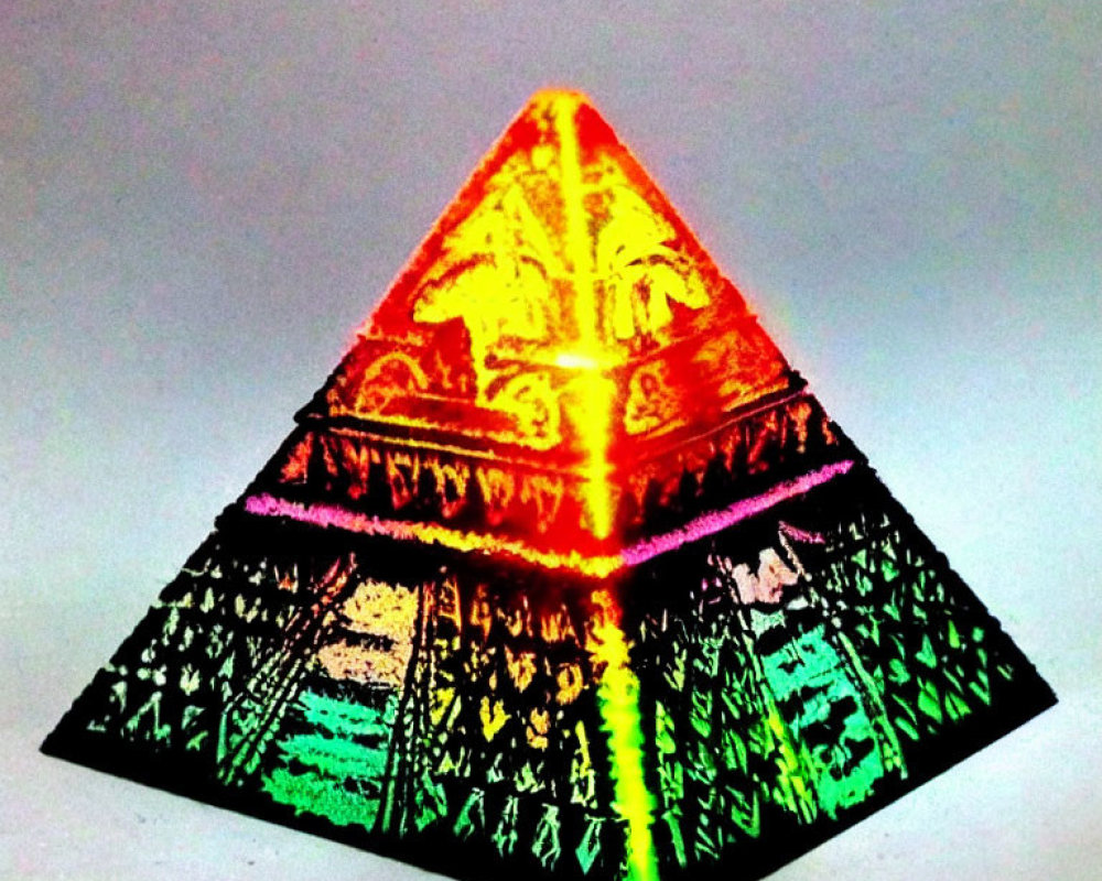 Vivid holographic pyramid with symbol on face against grey background