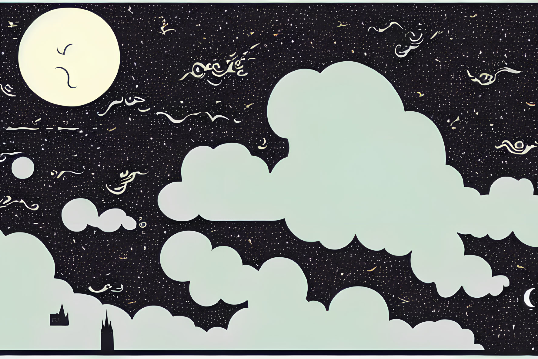 Stylized night sky illustration with moon, stars, clouds, squiggles, and circles