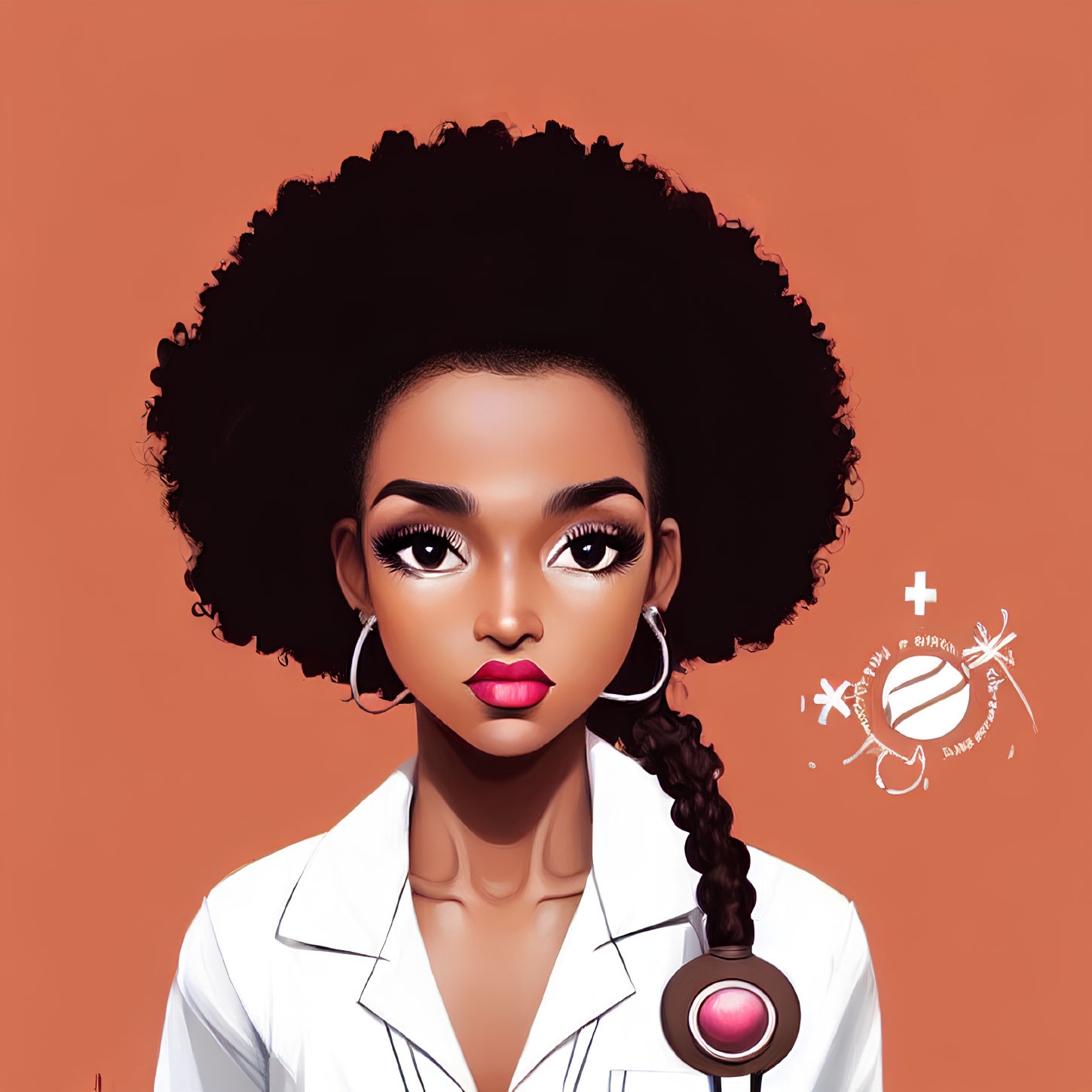Detailed illustration of woman with voluminous afro, hoop earrings, subtle makeup, and white coat on