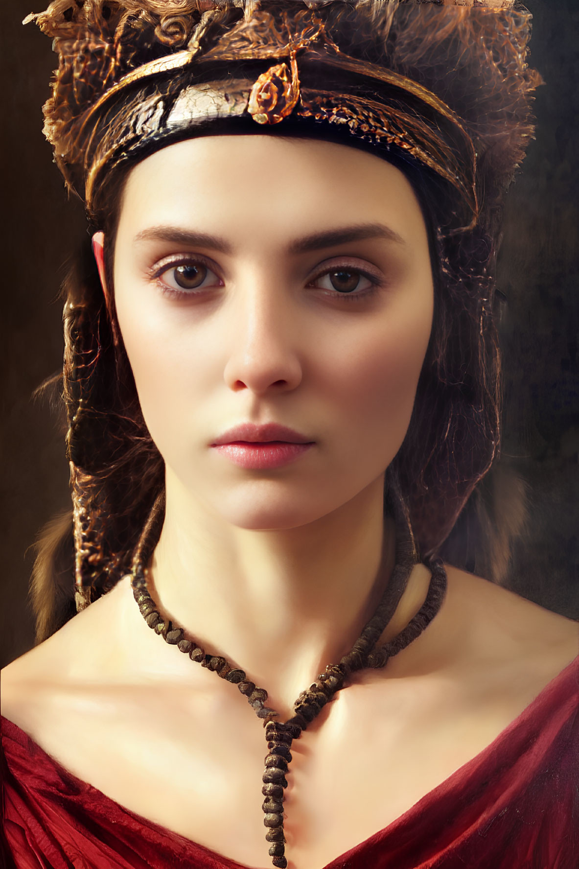 Regal woman portrait with decorative headband and red draped garment
