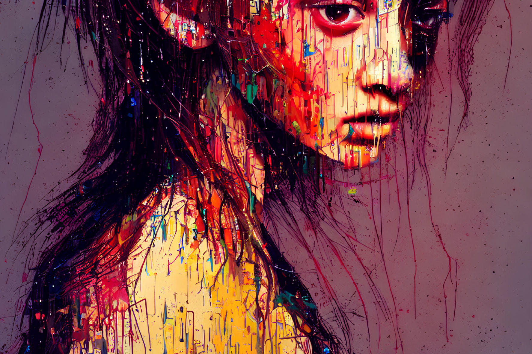Colorful Abstract Digital Portrait with Paint Streaks on Textured Background