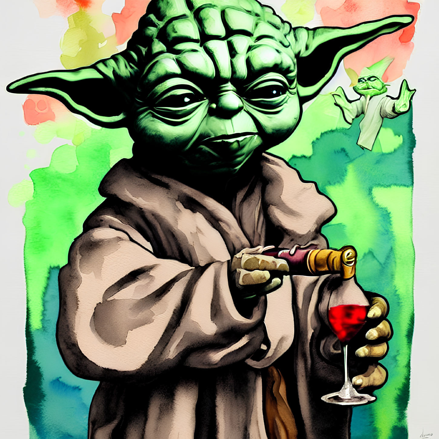 Colorful Yoda illustration with lightsaber and red liquid.