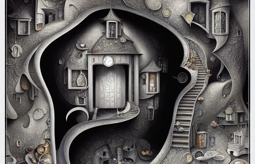 Surreal monochrome artwork of maze-like interior with detailed elements