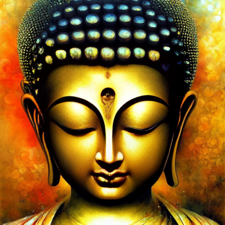 Serene Buddha portrait with golden skin and elongated earlobes on orange background