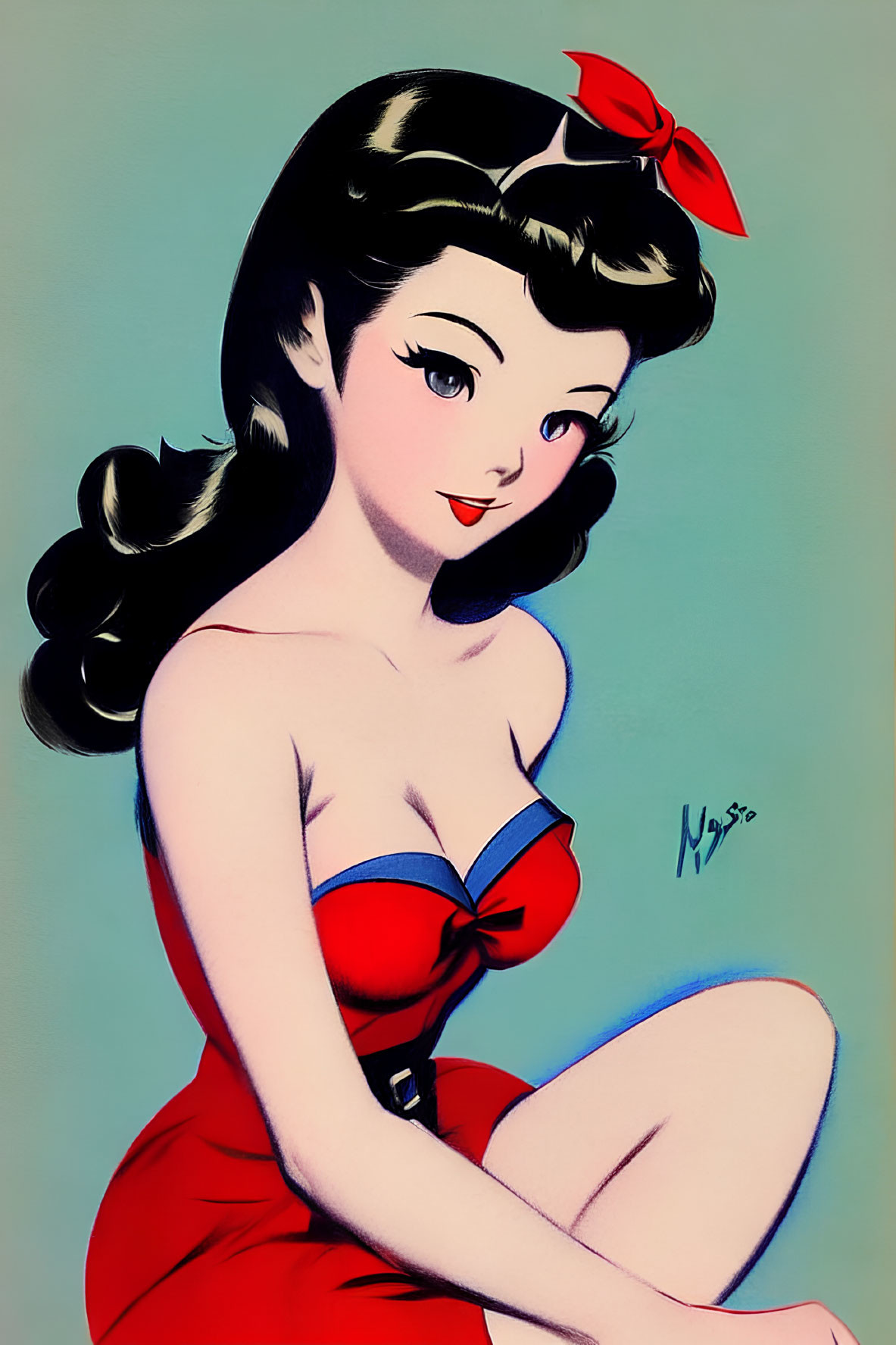Retro-style animated woman with black hair in red bow and dress on teal background