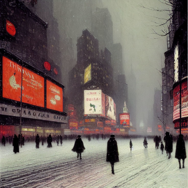 Snowy City Street Scene with People and Bright Billboards