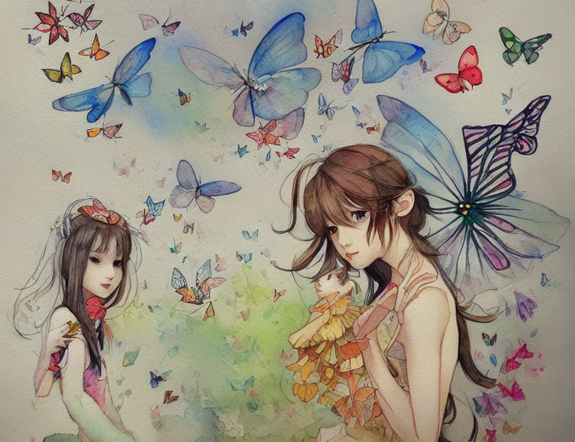 Whimsical artwork: Two girls with butterflies