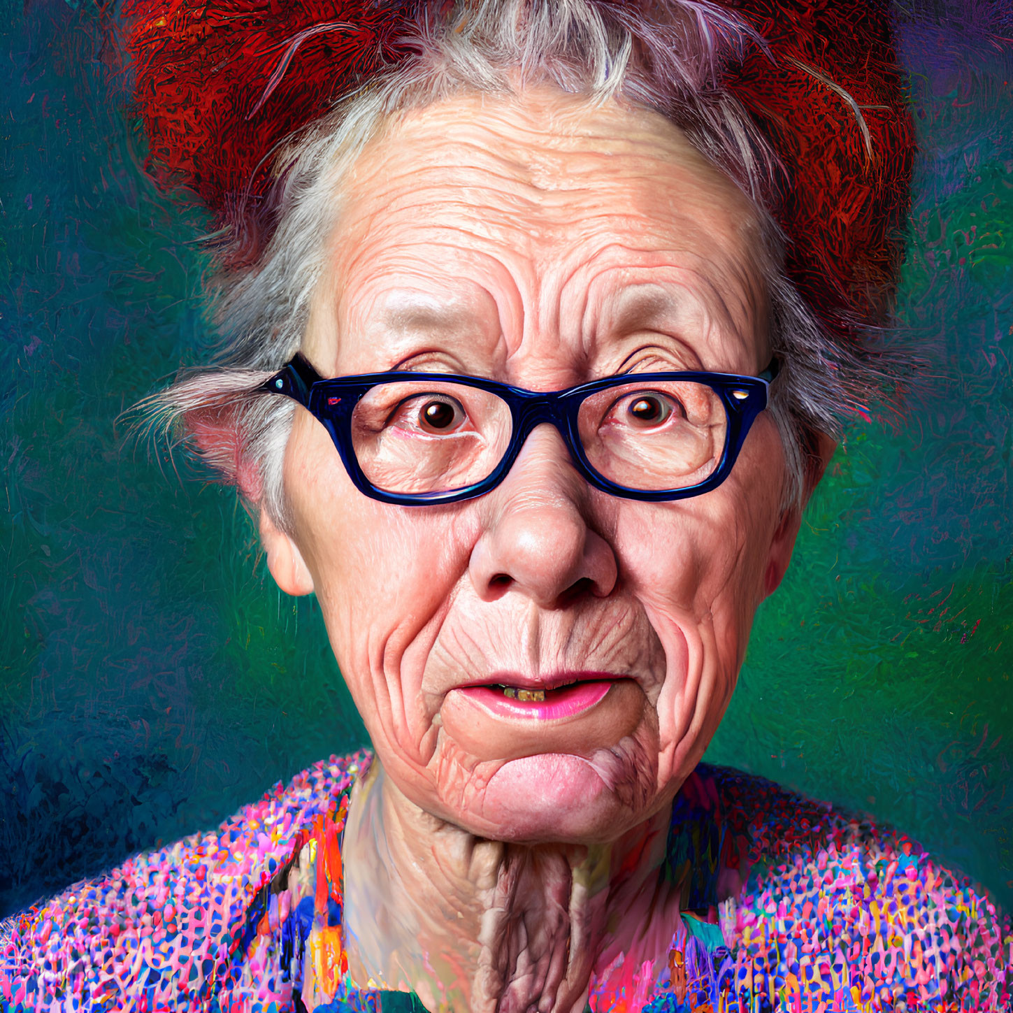 Elderly woman with red hair and glasses on colorful background
