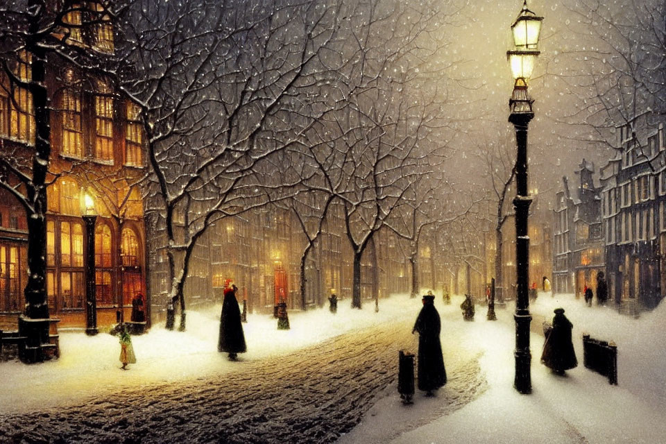 Vintage cityscape with people in period attire on snowy evening