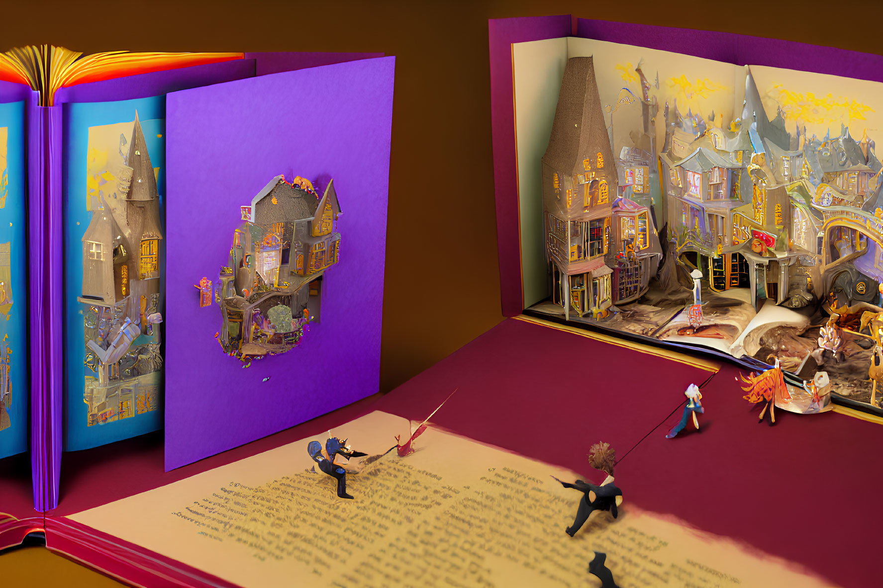Colorful pop-up book depicts magical scene with whimsical duel