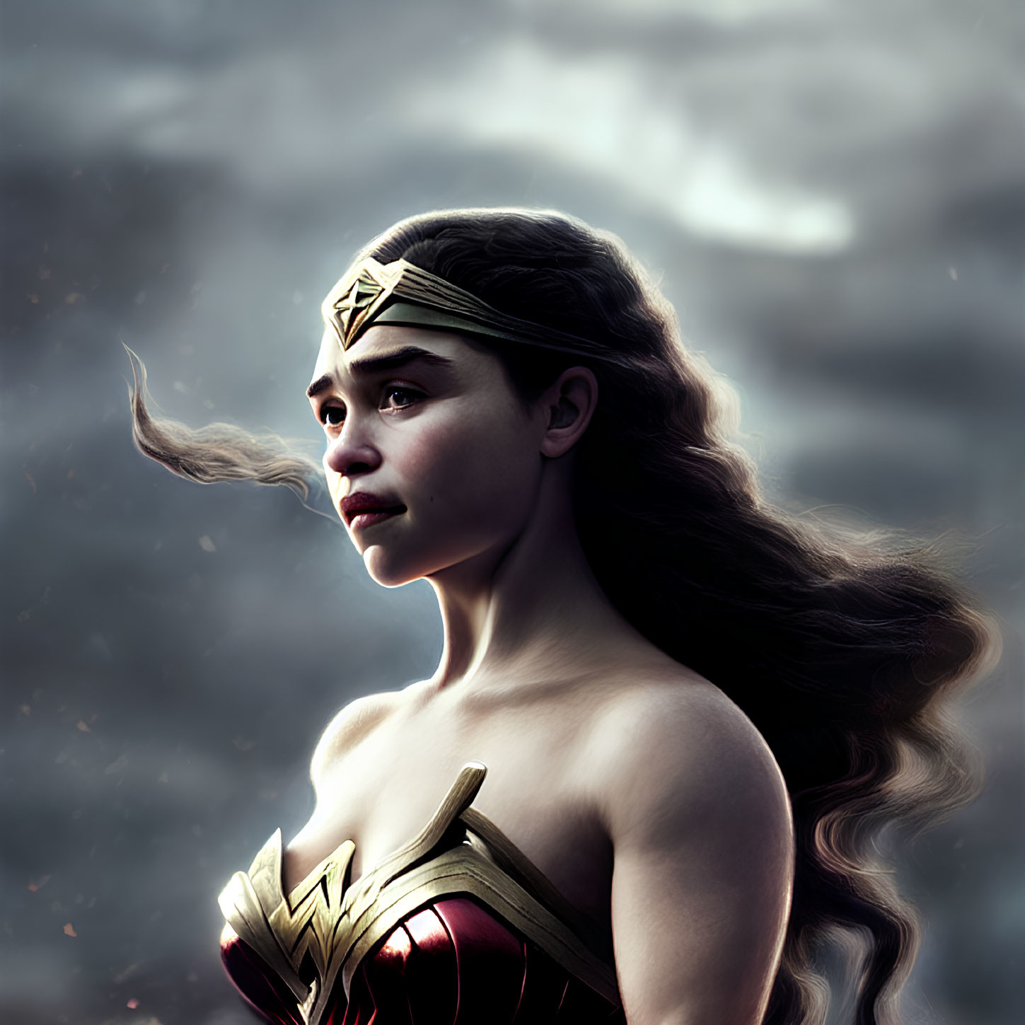 Female superhero with golden tiara and flowing hair against dramatic sky