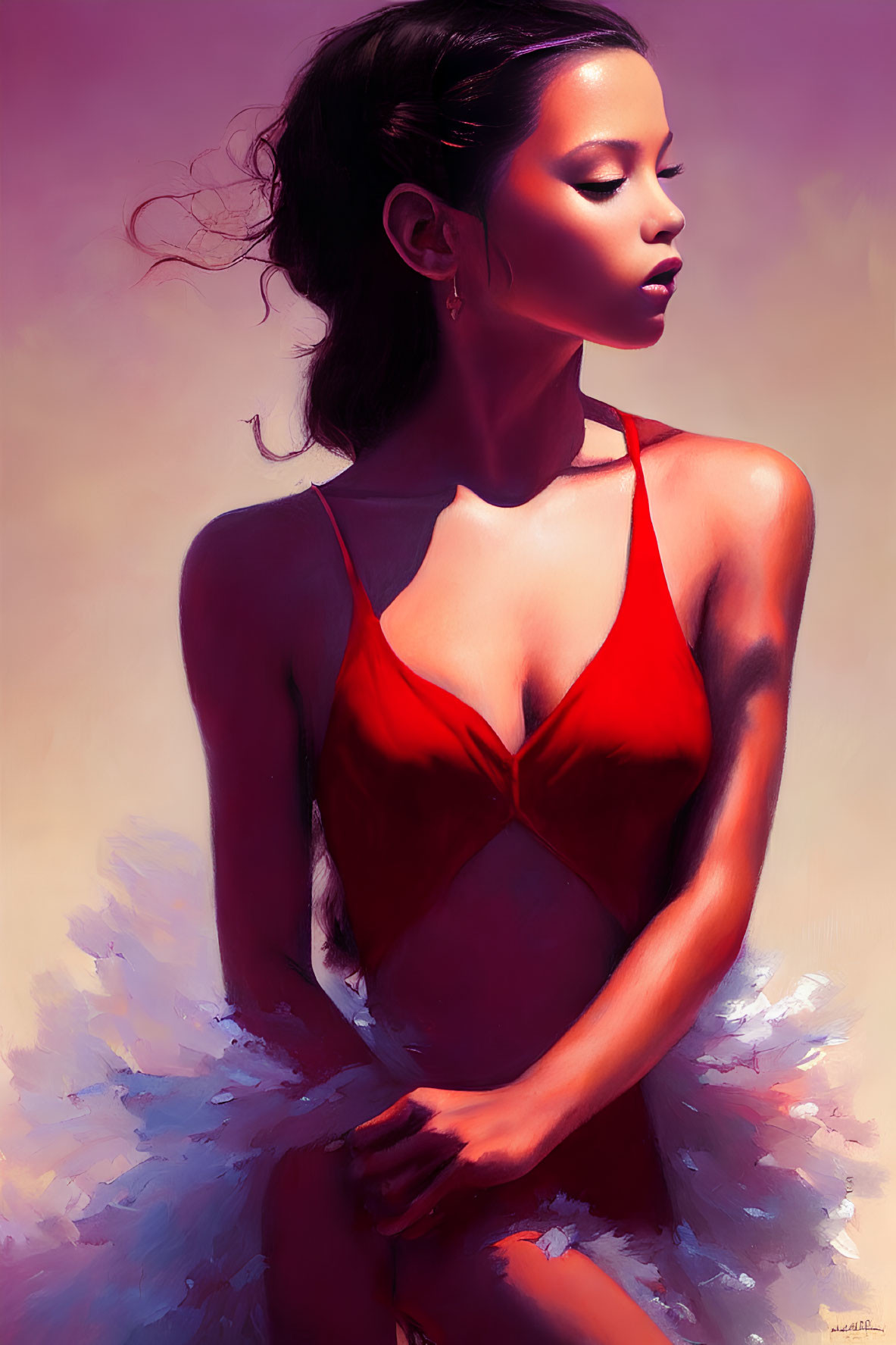 Woman in Red Swimsuit with Wistful Expression and Tousled Hair
