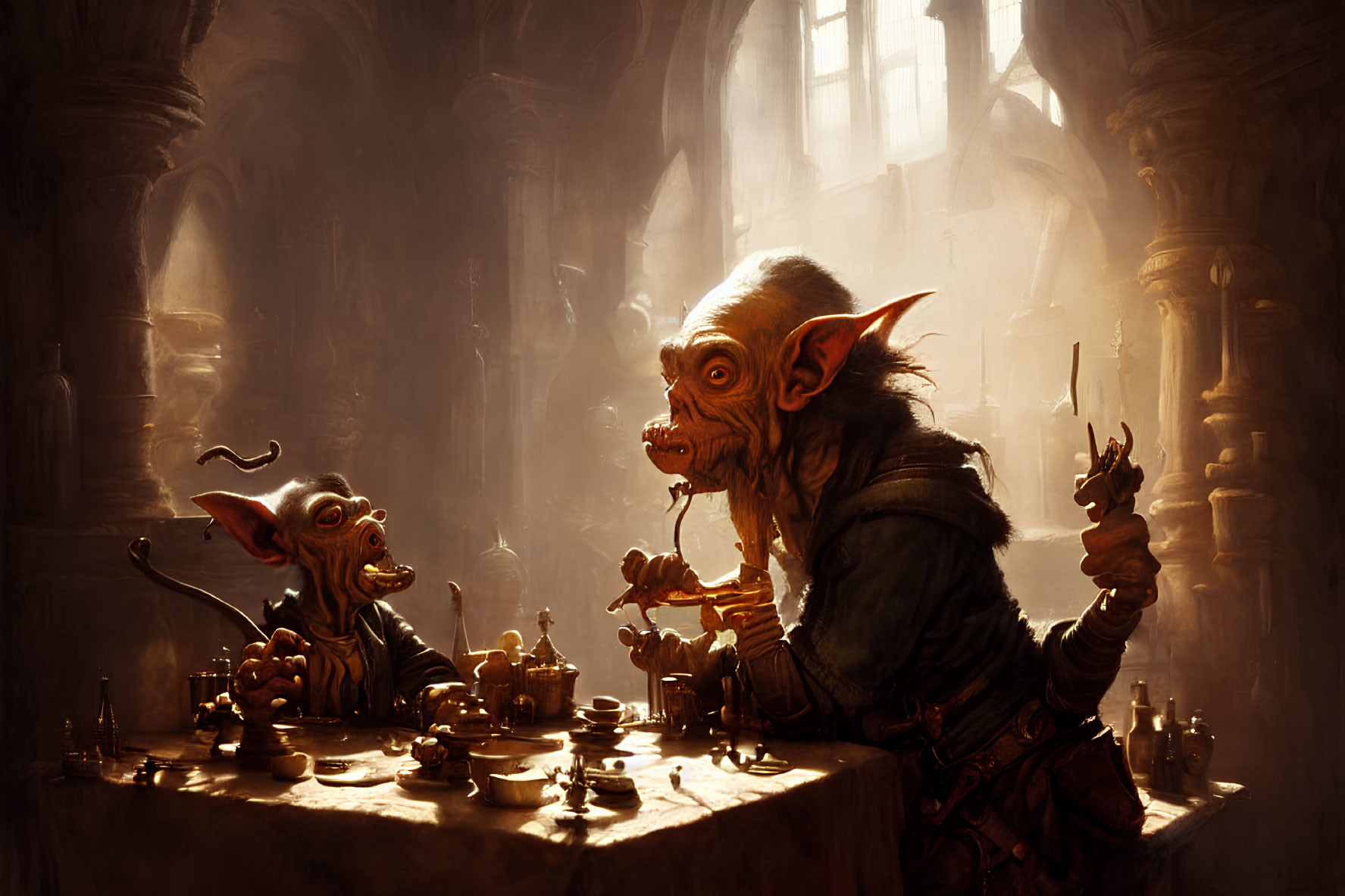Two goblins conversing at cluttered table in dimly lit cavern